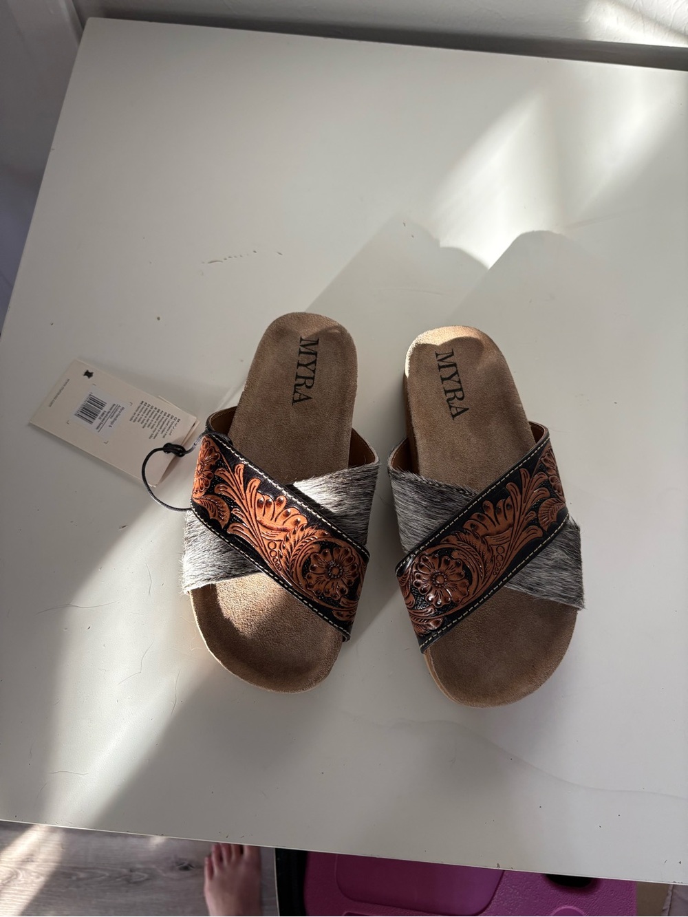 Myra Bag Gray Hair-On & Brown Tooled Leather Crossband Slides
